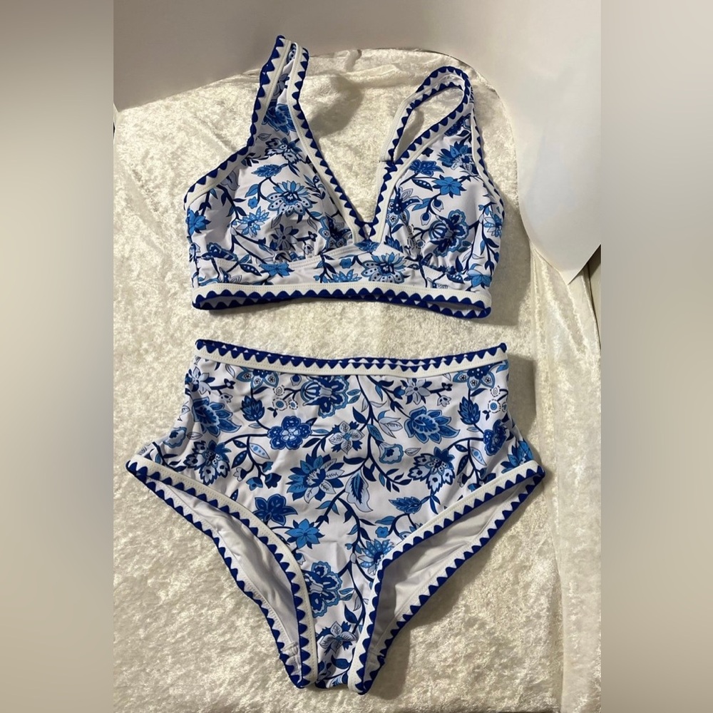 Blue Floral High-Waist Bikini Set